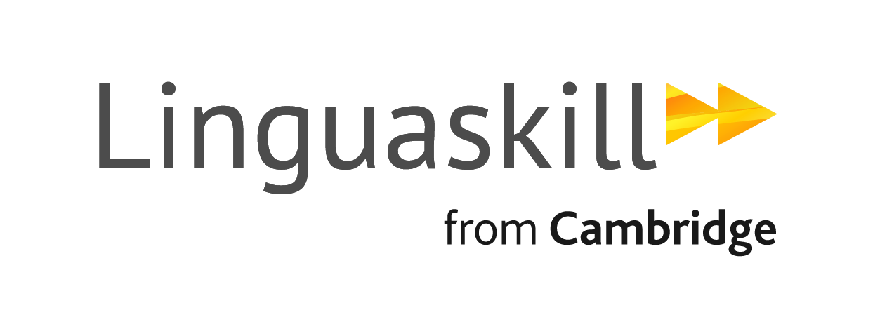 Linguaskill Logo that says "Linguaskill from Cambridge" with two yellow arrows.