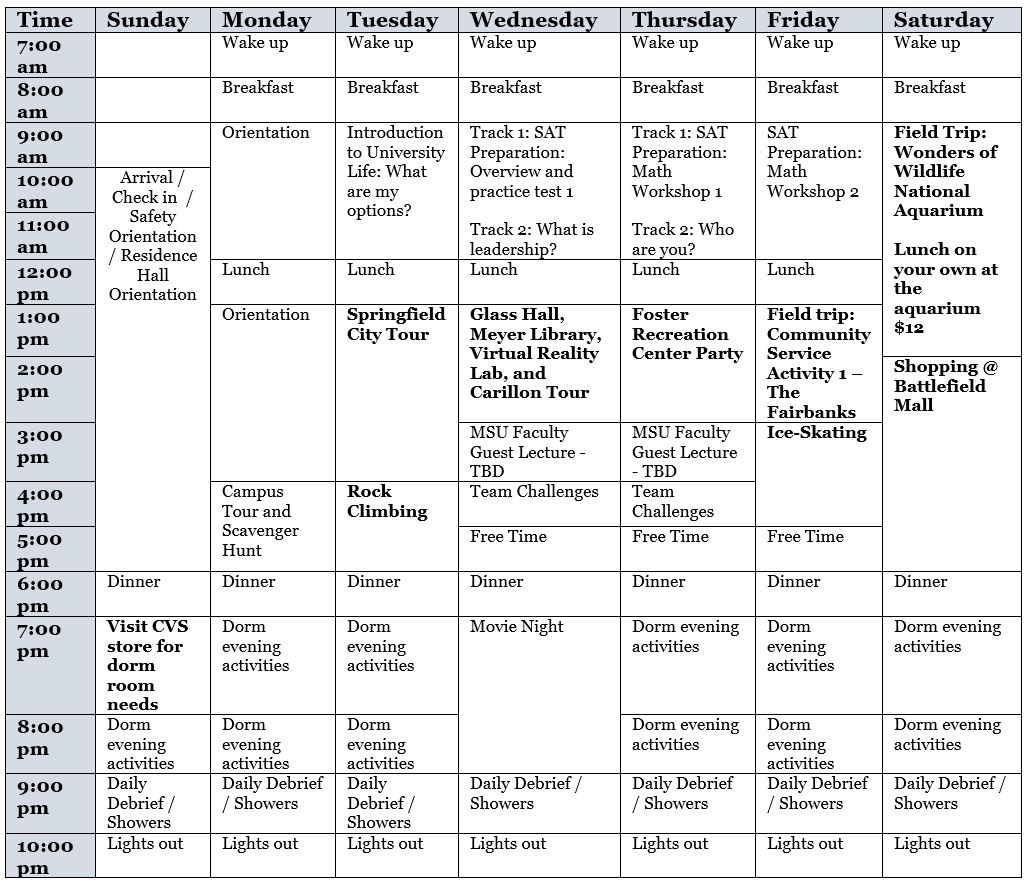 Introduction to U.S. College Life and Leadership - Sample Schedule - Week 1