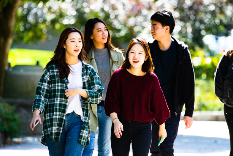 Four college students walking in a park