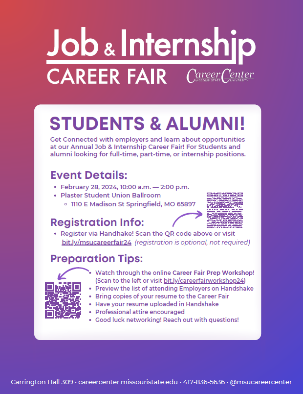 Flyer for Job & Internship Career Fair at the PSU on February 28, 10 am-2 pm