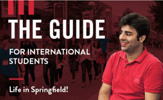 The Guide for International Students cover featuring a smiling male student in a red polo shirt with students walking on campus in a maroon-tinted background.
